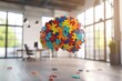 © khalid_spk - A colorful 3D brain made of interlocking puzzle pieces floats mid-air with some pieces scattered around