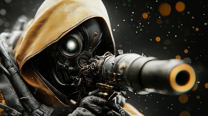 Wall Mural - A futuristic character in a hooded cloak aims a high-tech sniper rifle, set against a dark backdrop.