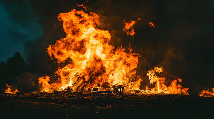 campfire blow up to the sky in the beautifull night, flame fire