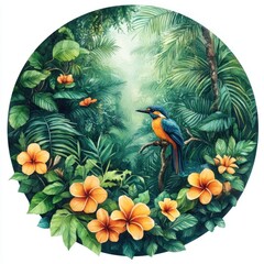 Naklejka na meble A vibrant jungle scene featuring a kingfisher and tropical flowers amidst lush greenery.