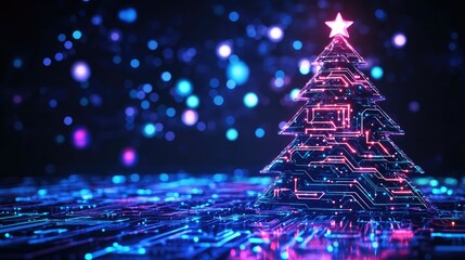 Wall Mural - a futuristic christmas tree with glowing circuits and neon light patterns, symbolizing innovation an
