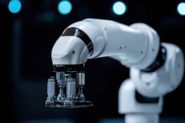 Wall Mural - a robot with a white body and black stripes is holding a small device