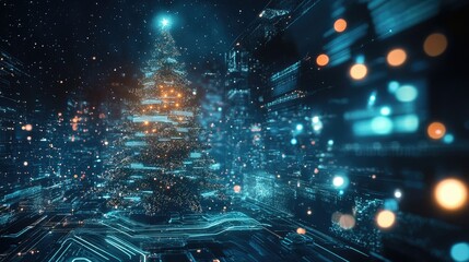 Wall Mural - a modern christmas tree with abstract tech lines, bright lights, and a futuristic aesthetic.