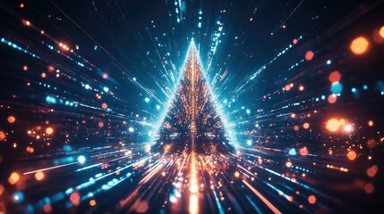 Wall Mural - a modern christmas tree with abstract tech lines, bright lights, and a futuristic aesthetic.
