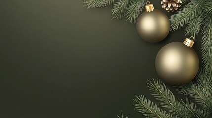 Elegant Green Background with Christmas Ornaments and Pine Needles