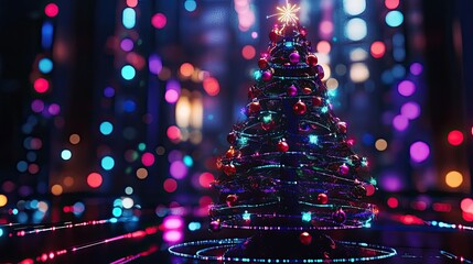 Wall Mural - a virtual christmas tree with vibrant led animations and futuristic ornaments, symbolizing holiday t