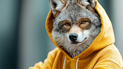 Wall Mural - A stylized anthropomorphic coyote wearing a yellow hoodie and sunglasses, exuding a cool vibe.