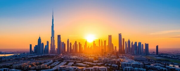 Wall Mural - Stunning skyline view at sunset, showcasing modern skyscrapers and vibrant colors.