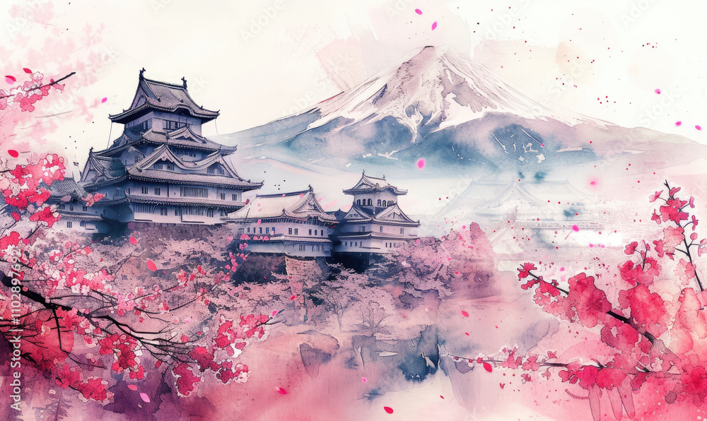 Watercolor Himeji Castle and cherry blossoms filled with Mount Fuji ...