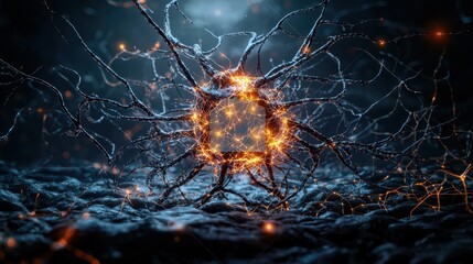 Leinwandbilder - Neurons interconnected in a glowing network abstract art dark environment scientific concept illuminated viewpoint