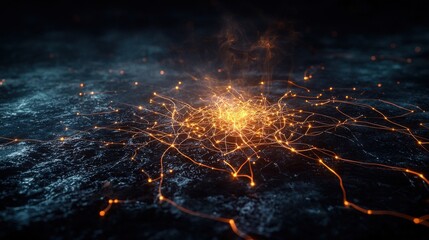 Poster - Interwoven glowing lines illustrate technology's connection in a dark environment for visual arts