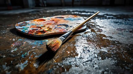 Poster - Artistic expression paintbrush on colorful palette studio setting close-up perspective creative journey