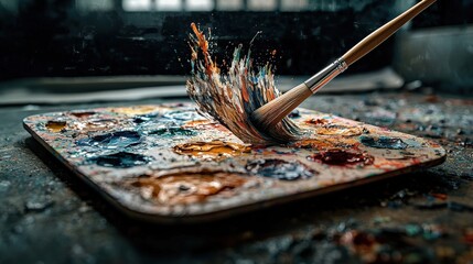 Poster - Artistic expression a paintbrush on a colorful palette studio setting photography vibrant environment close-up perspective