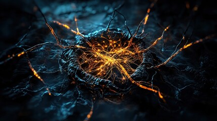 Poster - Neural pathways illuminated in a dark lab scientific visualization digital art futuristic abstract concept