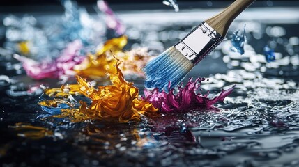 Aufkleber - Dynamic brush painting action artistic studio abstract art colorful liquid splashes close-up view fluid motion concept