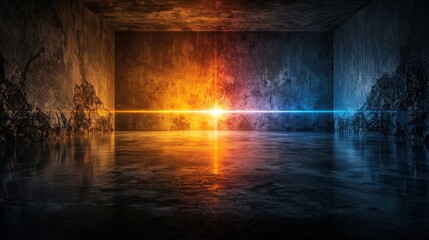 Poster - Vibrant light beam illuminates dim industrial space urban setting digital artwork abstract design captivating perspective