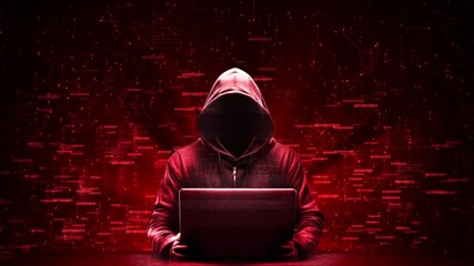 Hacker Computer hoodie Animation data processing cyberattack warning. dark Internet Data theft, internet fraud, darknet. Personal Cyber Security, Ransomware, Email Phishing, Data Breach Attack. 3D 4K