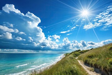 The bright and vibrant blue summer sky is filled with an abundance of warm and radiant sunshine, , clear blue, bright sun, cloudless day