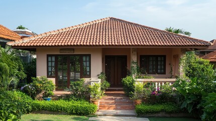 Wall Mural - A charming house with a tiled roof and lush greenery surrounding it.