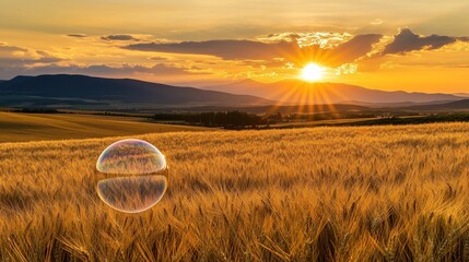 Sticker - A serene sunset over a golden field, with a bubble reflecting the landscape.