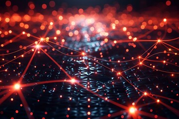 Wall Mural - Abstract tech background featuring illuminated fiber optic connections, showcasing a quantum computing network with glowing nodes and a global electronic intelligence system