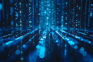 Wall Mural - Banner with blue digital binary data streaming across a dark computer screen, creating a futuristic, high-tech visual effect
