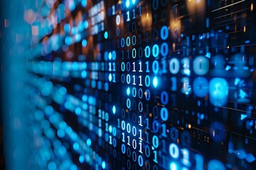 Wall Mural - background featuring cascading blue binary code on a sleek, black computer screen, highlighting the 