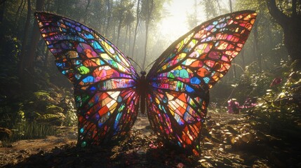 Wall Mural - A vibrant, stained-glass butterfly in a sunlit forest setting.