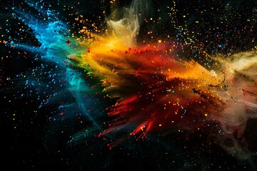 Wall Mural - dramatic burst of vivid paint splashes with swirling colors and fine mist against a black backdrop, 