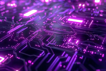 Wall Mural - futuristic abstract digital background with neon purple and silver tones, showcasing intricate circu