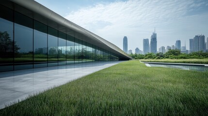 Canvas Print - Modern architecture with glass facade and green landscape overlooking a city skyline.