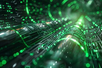 high-tech abstract scene featuring vibrant green and silver digital elements, dynamic light trails, 