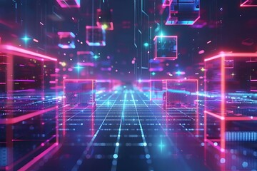 Wall Mural - high-tech abstract scene with vibrant neon blocks representing ai and data flow, showcasing a dynami
