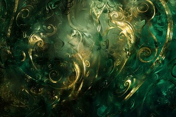 Wall Mural - rich emerald and gold dynamic composition featuring swirling fluid textures and intricate patterns, 