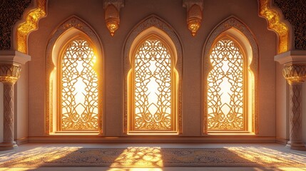 Wall Mural - Intricate arched windows with golden light illuminating a serene architectural space.