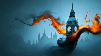 Wall Mural - A stylized clock tower surrounded by swirling flames against a dark, atmospheric background.