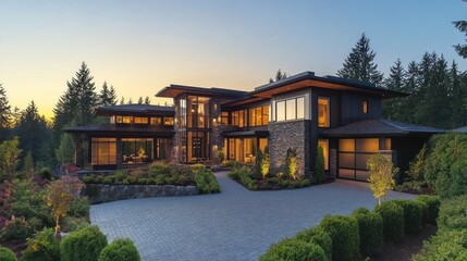 Wall Mural - Modern home with large windows and landscaped garden at sunset.