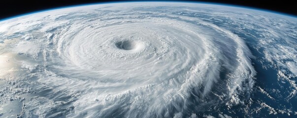 Aerial view of a powerful hurricane swirling over the ocean, dramatic cloud patterns.