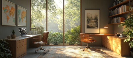 Wall Mural - A serene home office with large windows, plants, and warm lighting creating a productive atmosphere.