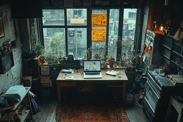 Wall Mural - A cozy workspace filled with plants, a computer, and various tools, exuding creativity.