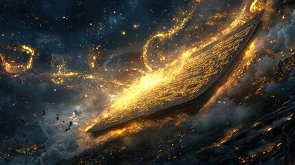Wall Mural - a cosmic scene featuring a glowing, intricate structure amidst swirling clouds and stars.
