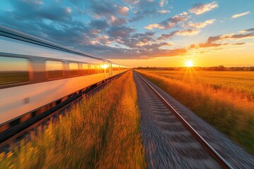 Wall Mural - A train speeds along tracks at sunset, surrounded by golden fields and dramatic clouds.