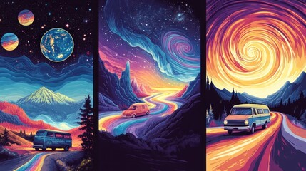 Canvas Print - A vibrant cosmic landscape featuring colorful vans traveling through surreal scenery.