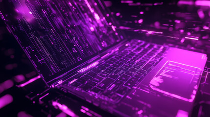 Wall Mural - a purple-lit laptop sits against a dark background. glowing lines create a futuristic look, perfect 