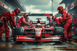© erika8213 - Formula one race car pit stop with crew in red jumpsuits. Competition and teamwork concept