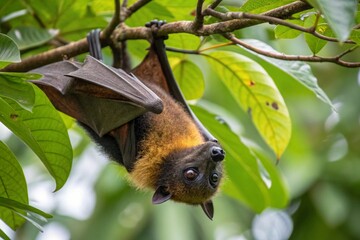 Wall Mural - Pteropodidae bat on tree branch close up