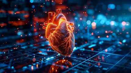Wall Mural - 3d-rendered model of a heart with detailed health data floating around it, displayed in a high-tech 
