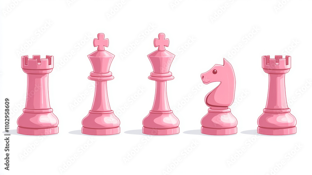 Cute, pink cartoon chess pieces (pawn, rook, knight, bishop, queen ...