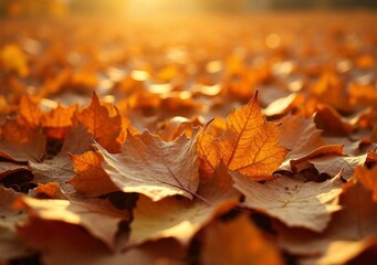 Wall Mural - Autumn leaves cover the ground in a warm golden glow during sunset