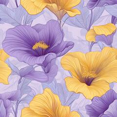 Beautiful floral pattern featuring purple and yellow flowers on a soft lilac background